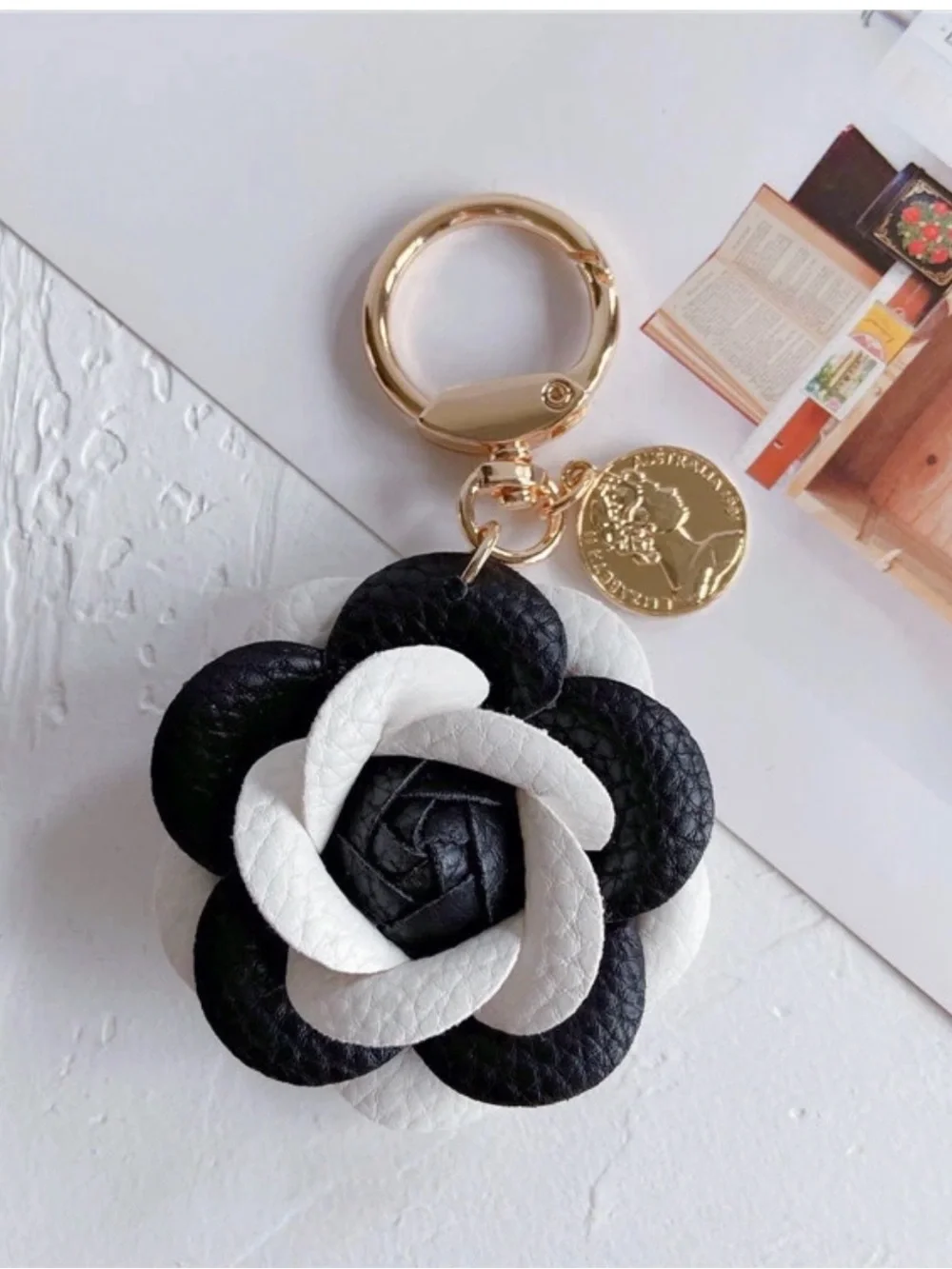 Black/White Camellia Flower Bag Charm - Faux Leather - Boutique